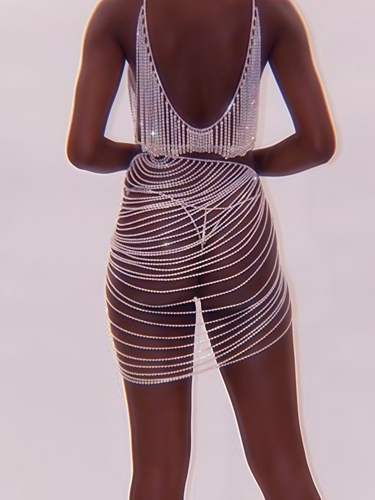 High-end, sexy rhinestone dress; fashionable multi-layer body chain set for women