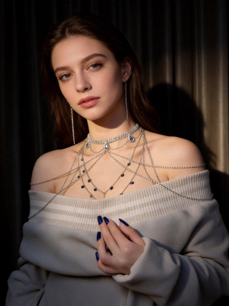 Sexy Collarbone Necklace with Pure Desire Exotic Collarbone Chain Luxurious Necklace Sparkling Rhinestone Shoulder Chain Shoulder Accessory