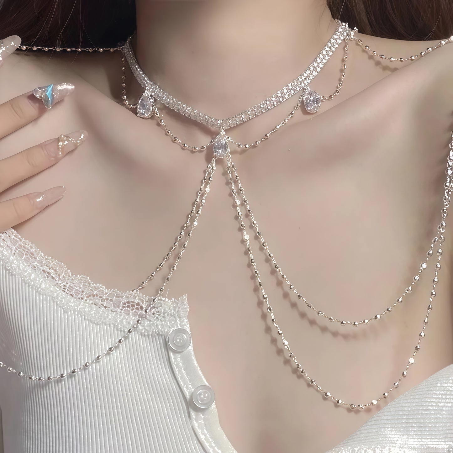 Sexy Collarbone Necklace with Pure Desire Exotic Collarbone Chain Luxurious Necklace Sparkling Rhinestone Shoulder Chain Shoulder Accessory