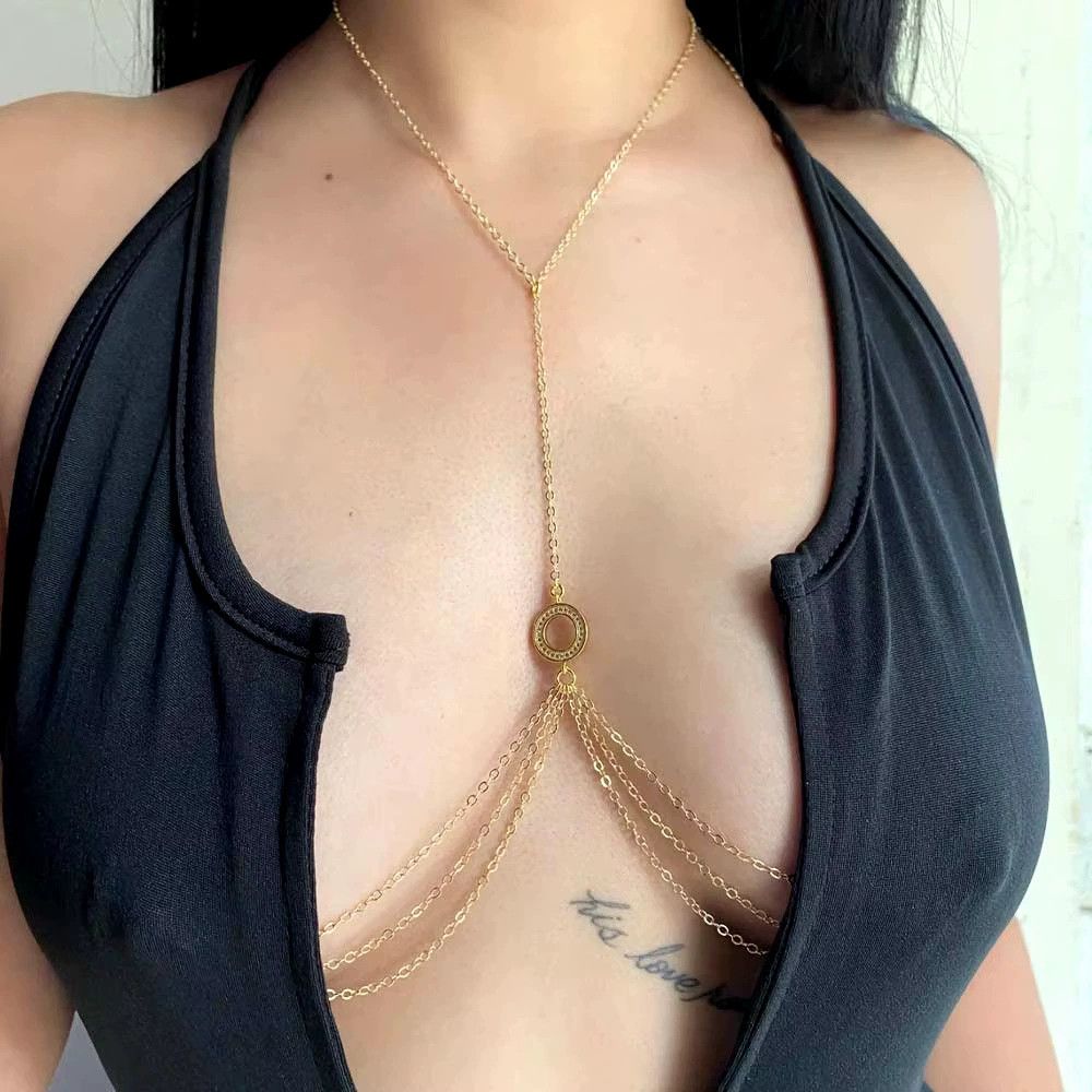 Diamond-Studded Round Sexy Necklace, Bikini Rhinestone Nightclub Accessories, Backless Body Chain for Women