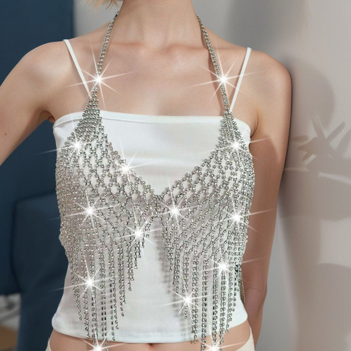 Fashionable Rhinestone Fringe Top Chain Women's Glamorous Luxury Necklace Vacation Casual Body Chain