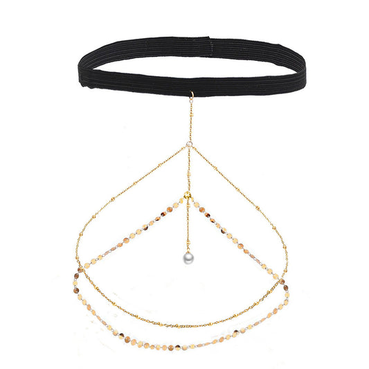 Luxury Pearl Pendant Necklace with Sequins Double-Layer Leg Chain Sweet-Edgy Style Elastic Leg Cuff