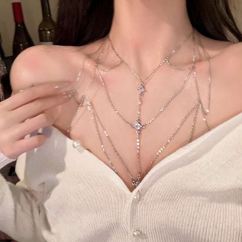 Sparkling Zircon Fringe Necklace, Women's Summer Trendy Hot Girl Body Chain Necklace, Full-Body Sexy Bikini 3D Back Chain