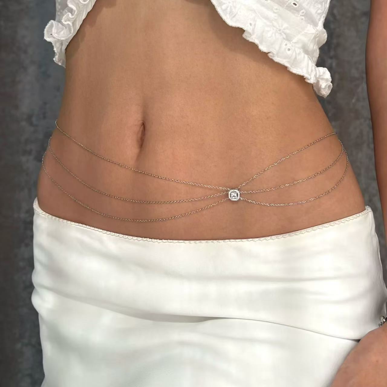 Sexy Chic Chanel-Style Waist Chain Accessory Multi-Layer Metal Chain with Sparkling Diamonds Slim Waist Belt for Jeans and Skirts