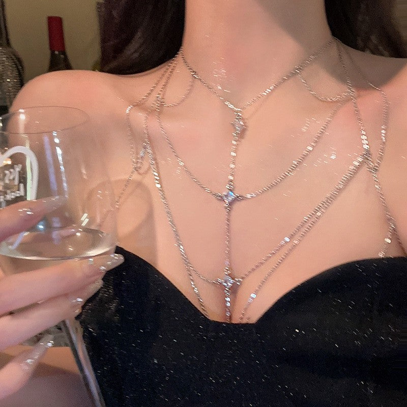 Sparkling Zircon Fringe Necklace, Women's Summer Trendy Hot Girl Body Chain Necklace, Full-Body Sexy Bikini 3D Back Chain