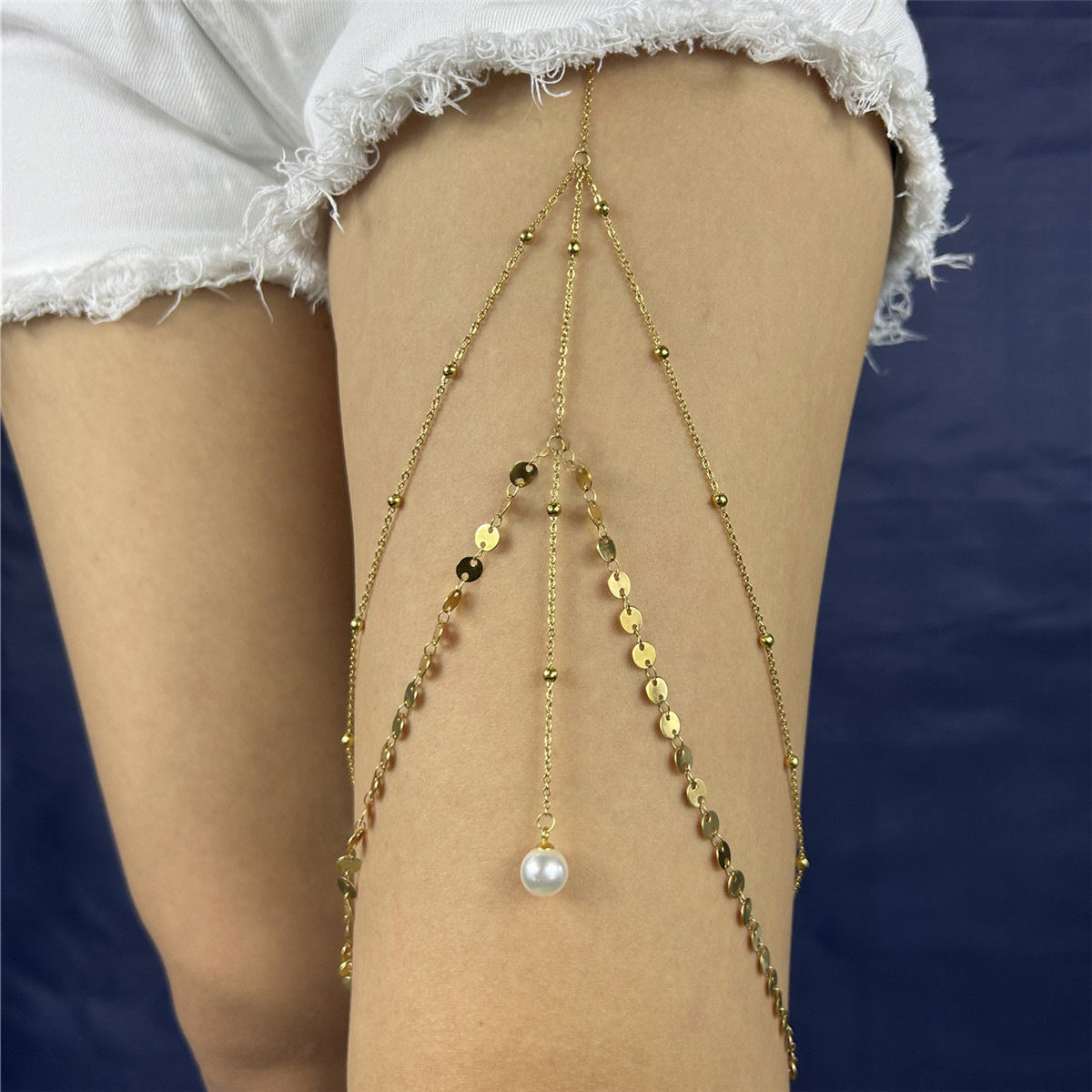 Luxury Pearl Pendant Necklace with Sequins Double-Layer Leg Chain Sweet-Edgy Style Elastic Leg Cuff