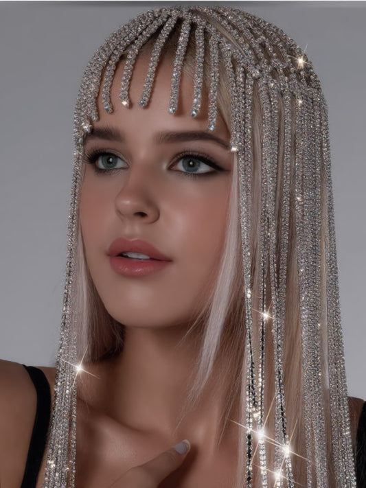 Ultra-sparkling, full-diamond fringe hair accessory; luxurious bridal headpiece for wedding gowns; long hair chain for stage and banquet settings