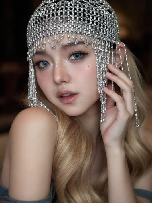 Rhinestone Fringe Hair Accessory, Ultra-Sparkly, Stylish, and Unique Headpiece for Hats, Perfect for Stage Performances, Fashion Shows, and Bridal Weddings