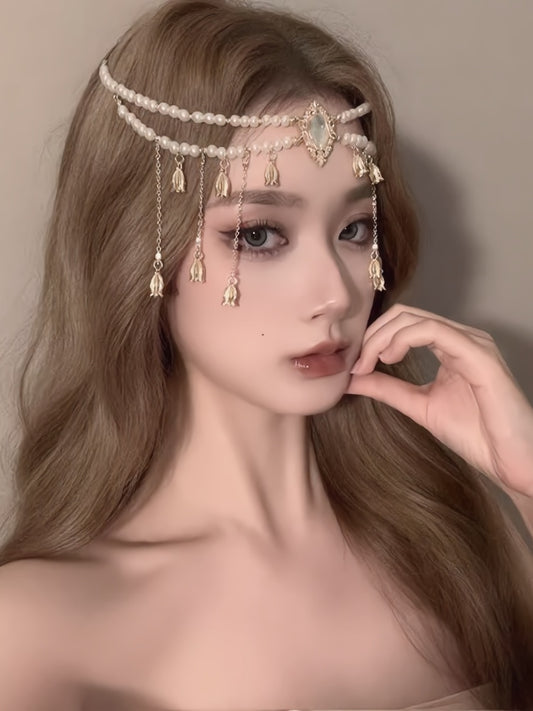 Exotic white pearl hair accessory, lily-of-the-valley hair chain—a stylish, versatile, vintage-inspired ethnic-style hair accessory with a luxurious feel