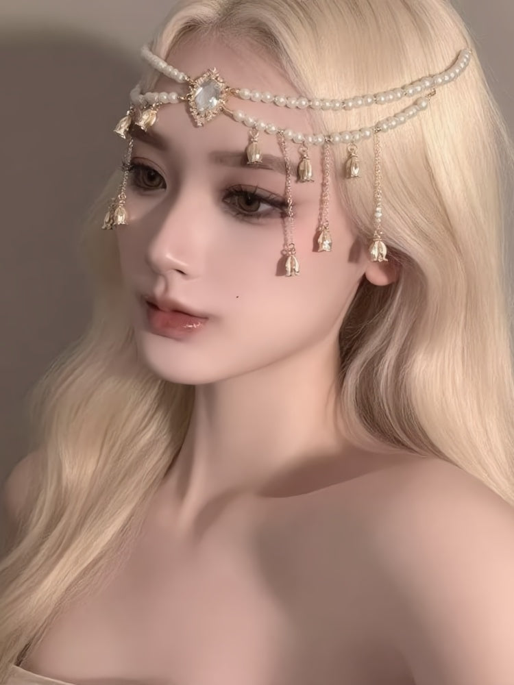 Exotic white pearl hair accessory, lily-of-the-valley hair chain—a stylish, versatile, vintage-inspired ethnic-style hair accessory with a luxurious feel